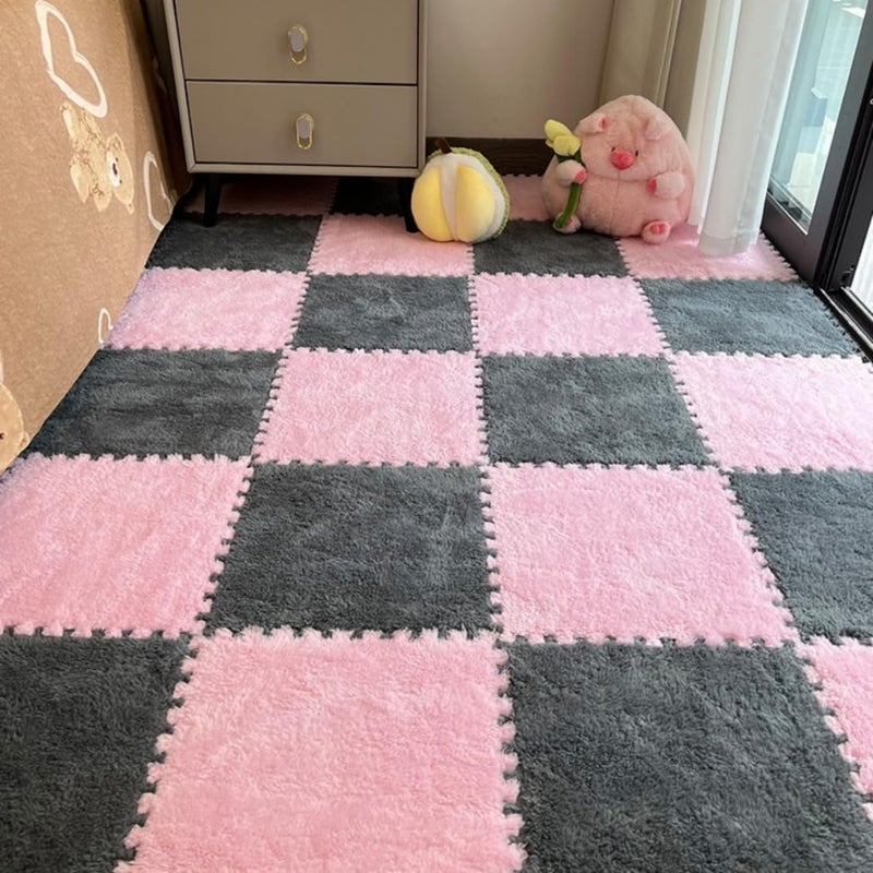 YISLEND 12Pcs Interlocking Carpet Tiles,12"x 12" Plush Interlocking Foam Carpet Tiles with Border,Fluffy Play Mat Floor Tiles Thick Padded Squares Foam Tiles for Playroom Decor (Pink+Grey) - Image 1